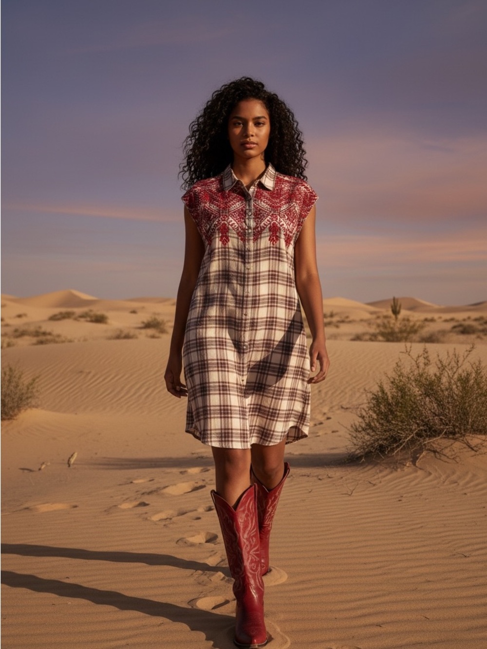 Johnny Was 3J Workshop Vincent Plaid Sleeveless Shirt Dress Red Embroidered
